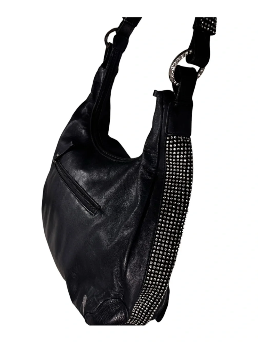 DXtouch Black Leather Hobo Bag Rhinestone Embellished Slouchy Shoulder Purse